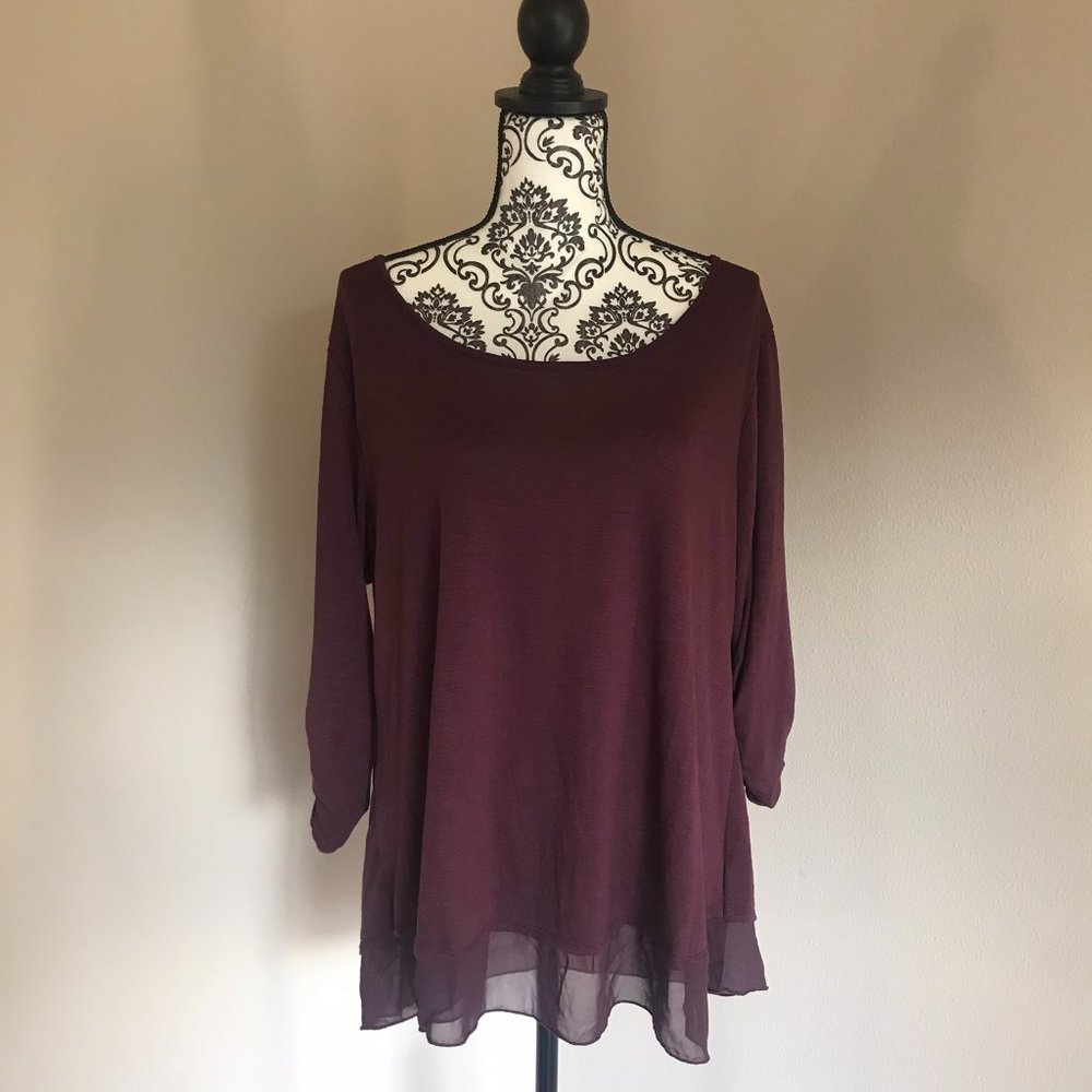 Style & Co Scoop Neck Ruched Sleeve Sheer Bottom Tunic - Purple Plum - Size XL